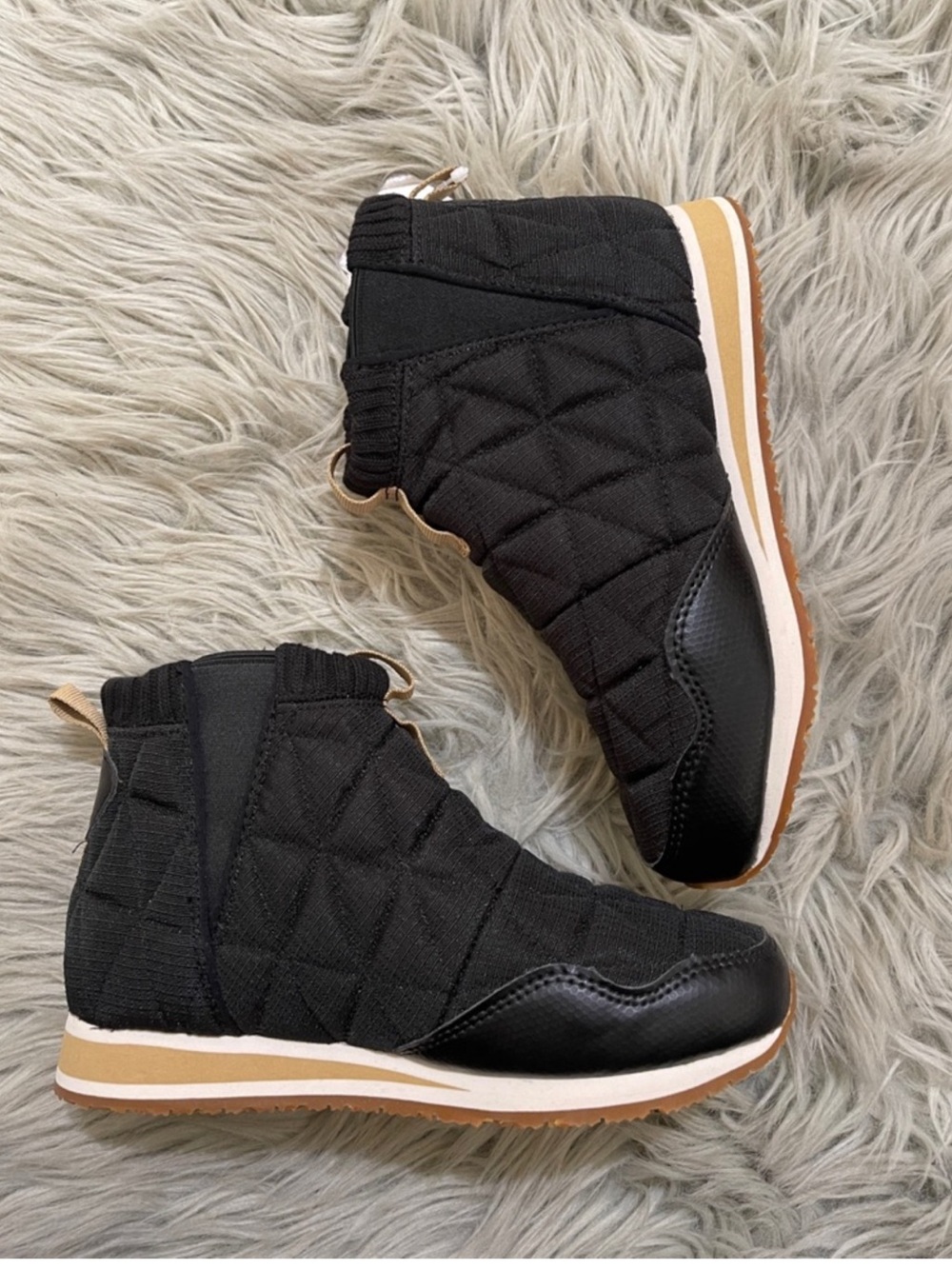 Teva Black Quilted Slip-On Ankle Boots with Tan Accents